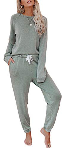 Bunanphy Womens Lounge Wear Pyjamas Set Long Sleeve PJs Casual Crew Neck Sleepwear Jogger With Pockets
