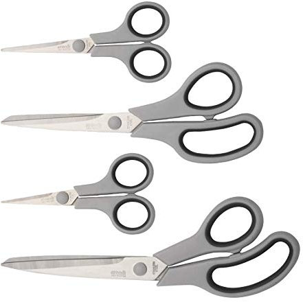 Soft Touch - Juego de 4 tijeras de acero inoxidable para diestros y zurdos, aptas para uso doméstico, de costura, para manualidades (gris)