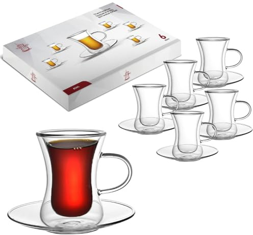 Kadum Lot de 6 verres à thé turcs à double paroi avec anse et soucoupe, 80 ml, dans un coffret cadeau, résistants à la chaleur, passent au lave-vaisselle