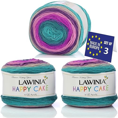 LAWINIA Happy Cake Premium Regnbågsgarn DK, Paket med 3 vardera 150 g – 530 m tårta DK stickgarn, tonad regnbågsull för stickning, flerfärgad ull