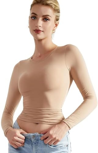 EMOTTOS Women Y2K Crop Tops, Slim Fit Round Neck Shirts, Double Lined Fitted Long Sleeve T-Shirt, Fashion Skinny Y2K Tee Shirt(Champagne, S)