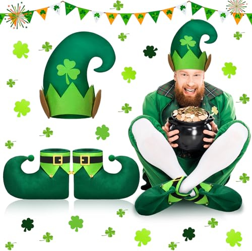 Breathffy 2 pcs st patrick's day leprechaun shoes and party hat set with felt shamrock costume accessories for men women