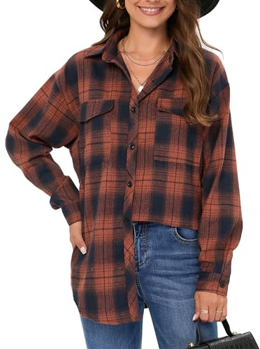 Timuspo Damen Flanellhemd Karohemd Westernblusen Button-Down Langarm Oktoberfest Bluse Flanellbluse Oberteile Tops Festliche, Orange L