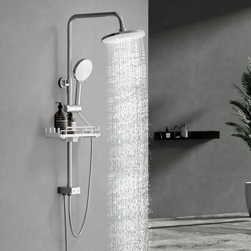S'AFIELINA Colonne de Douche Sans Mitigeur Chromé Systeme de Douche avec Étagère, Douchette 3 Jets, Tuyau en Acier Inoxydable, Colonne de Douche Réglable En Hauteur Tête de Douche Ronde 22,6 CM