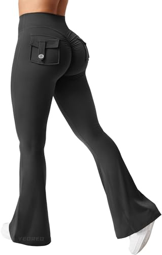 YEOREO CoreFlex Flare Leggings with Pockets for Women Scrunch Workout Leggings Butt Lifting Gym Yoga Pants Black