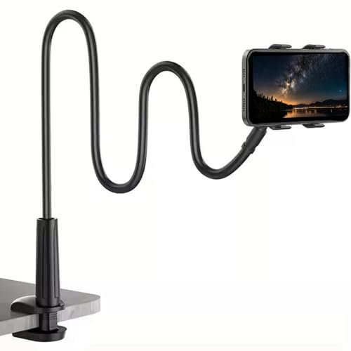 AERRYORD Gooseneck Lazy Phone 360°Adjustable Holder for Bedside Desktop, Base with Knob Adjustable Fixed, 80CM Cell Mobile Phone Black Lazy Bendable Flexible Arm Clamp Bracket Holder Stand for Phones