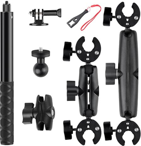 NEWFUN Soporte de Cámara, Accesorio para insta360 x4, Kit de Moto [ara insta360 x4,X3,X2, Rotación de 360 Grados, Doble Abrazadera, Doble Estabilidad, Soporte de Moto, Compatible con Múltiples