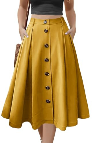 Alaster Queen Women's Long Pleated Skirt Ladies Midi High Elasticated Waist Flowy Pockets Skirt for Women UK, L Yellow