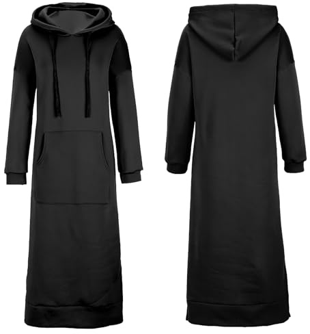 amropi Femmes Sweat-Shirt Long à Capuche Robe Manches Longues Pull Kangourou Poche Haut Noir,M
