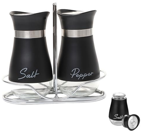 Salt and Pepper Sets with Holder, Glass Bottom Salt Pepper Shaker with Stainless Steel Lid for Kitchen Gadgets Cooking Table, Camp,BBQ Spice Shaker Containers, BBQ Seasoning Bottle Jars (Black)