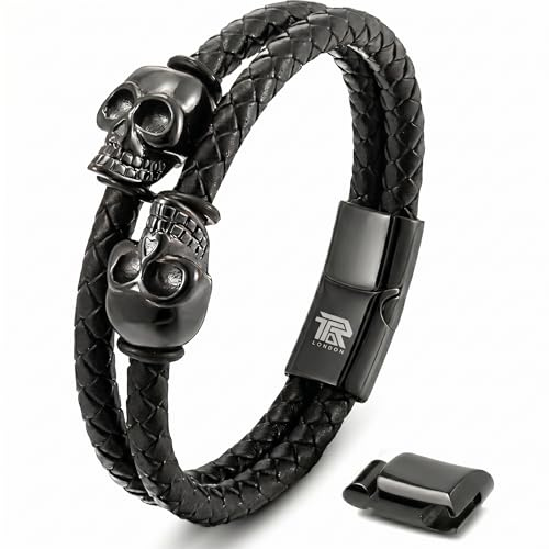 Men's Leather Bracelet Skull | Magnetic Clasp Gothic Viking Style | Braided Band Mens Jewellery | Birthday Gift for Him Dad | Jewellery Box Included (Matte Black Dual Skull - Twin Biker Style, M)