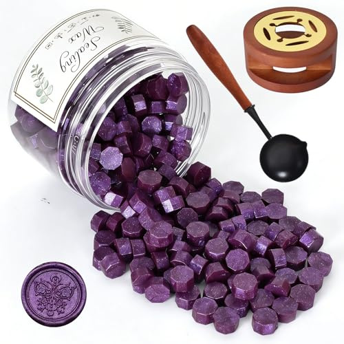 Perles de Cire à Cacheter, Cachet de Cire, 200 PCS Cire à Cacheter Octogonale avec Four et Cuillère, DIY pour Timbres D'étanchéité, Lettres, Enveloppes, Invitations, Cartes (Violet Foncé)