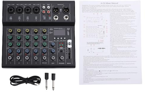 Sorandy Ljudmixer, Bluetooth 6-kanals Mini DJ-mixerkonsol, Kompakt Bärbart Ljudgränssnitt med Efterklangseffekt och MP3-stöd, Perfekt för Studio, Inspelning och Karaoke (Svart)