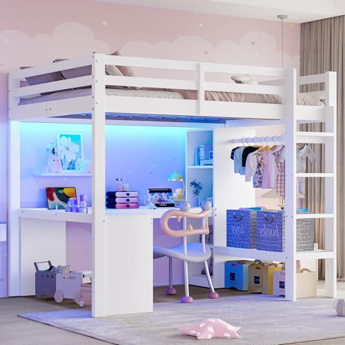 Letenbin Lit Mezzanine 90x200cm avec Armoire Ouverte, Lit 1 Place avec Rangement et Bureau Intégré, Cadre De Lit avec Éclairage LED et Port USB, Pin et MDF, Blanc