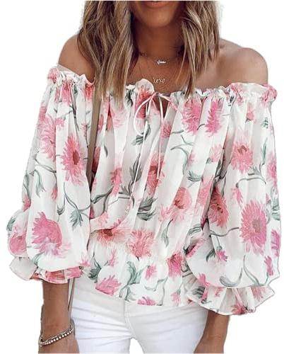 Dam Off Shoulder Top Blommig Blusar Blommigt Tryckt Långärmad Sexig Sommarskjortor Dam Fritid Blommig Tryckt Axel Chiffong Blus Sommar Långärmad Skjorta Toppar för damer Chiffong skjorta, A-vit, XL