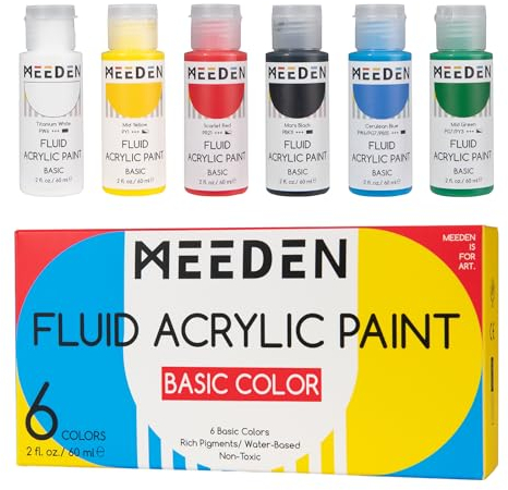 MEEDEN Acrylfarben Set Basic 6 x 60 ml, Fluid Acrylic Paint, Acrylfarben Wasserfest und Lichtecht, Ungiftig, Ideal für Leinwand, Papier und Stoffe, Geeignet für Anfänger und Profis