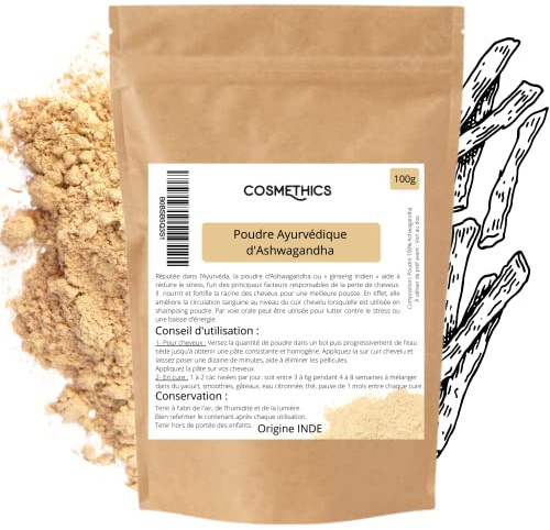 Polvere Ayurvedica di Ashwagandha naturale 100g Cosm'Ethics® 100% rafforza il cuoio capelluto e migliora la circolazione per una migliore crescita