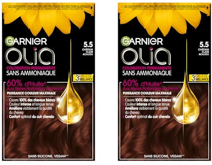 Garnier Olia Permanent Hair Dye Without Ammonia Colouring with Flower Oils of Natural Origin with Brightening and Nourishing Action, Colour 5.5 Mahogany – 2 Packs