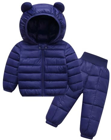 dPois Tuta da Neve Invernale Bambino Bimbo Neonato Completo da Sci Giacca Piumino con Cappucccio Capotto Caldo e Pantaloni Larghi Lunghi Tuta da Sci Neve Casa Snowsuit Blu scuro 2-3 anni