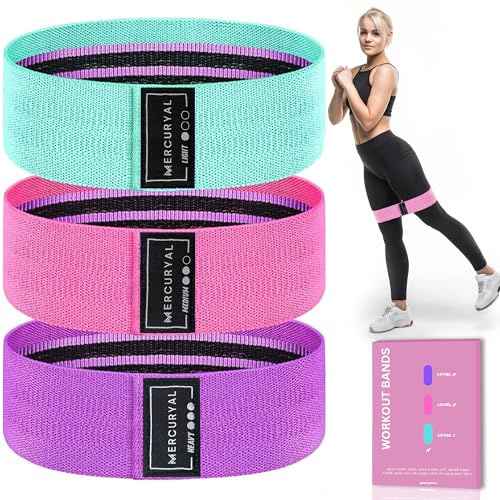 MERCURYAL Pack de 3 Bandas Elasticas Musculacion - Bandas Elasticas Gluteos - Bandas elasticas Fitness Antideslizantes - Bandas Gluteo - Cintas Elasticas Musculacion (Rosa, Verde, Morado)