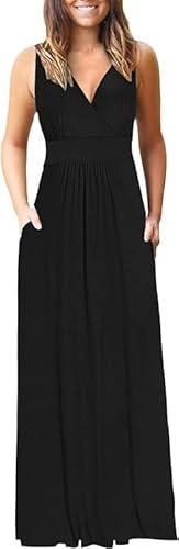 AUSELILY Ete Robe Longue Femme Maxi Robe V Col sans Manches Robe Chic et Elegant avec Poches Noir S