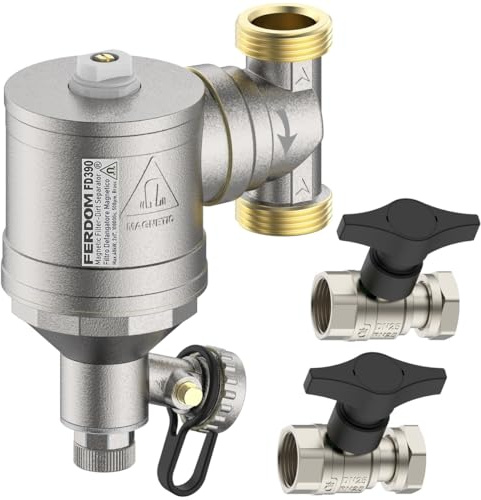 FERDOM STRONG FD392 1/DN25 Filtre Magnétique/Hydrocyclone Pour Systèmes De Chauffage. Aimant 10000Gs. Séparateur De Particules Non-Magnétiques Inox 1000µ. Max.40kW, Rac.360 deg.+2 Vannes à Bille 1