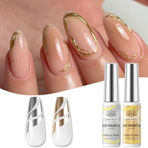 BORN PRETTY Gel Liner Nail Art Kit Silver Gold Metallic 3D Liner Nail Gel Mirror Effect for Manicure Design Painting Gel Set With Thin Brush Soak off Curing Required
