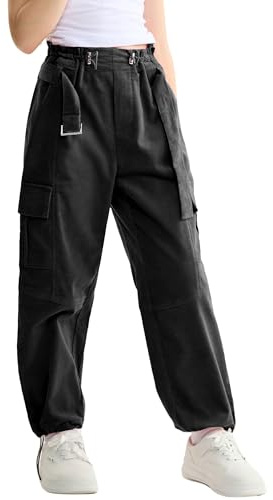 Rolanko Niñas Pantalones de Carga con Cinturón Ajustable Elástico de Cintura Alta Corduory Joggers Niños Hip Hop Danza Pantalones, Negro, Talla: 6-7 Años/130