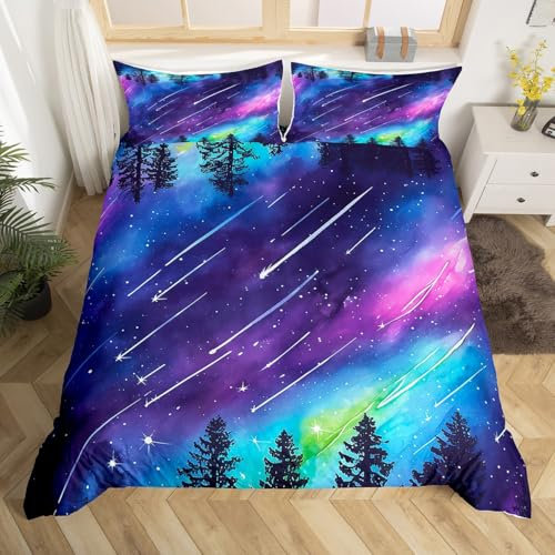 Loussiesd Galaxy Bettwäsche Set 135x200cm Außenraum Bettbezug Set Universum Wolke Galaxy Glitter Schießen Stern Druck Baum Betten Set Dekor Bunte Bettwäsche-Set mit Reißverschluss
