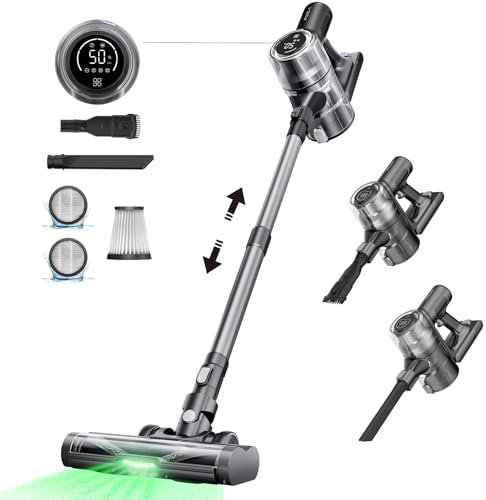 Proscenic Aspiradora sin Cable, P13 45KPa/550W/45 Mins Aspiradora Escoba con Luz Verde, Pantalla Táctil y Cepillo Antienredos, 1,2L Aspirador Vertical para Suelo, Alfombra, Pelo de Mascota, Sofá