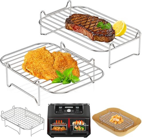 HONYAO Rejillas para Freidora de Aire – Accesorios Air Fryer Doble – 2 piezas Grelha Plato Acero Inoxidable compatible con Ninja Foodi, Cosori, Cecotec, otras Dual Airfryer