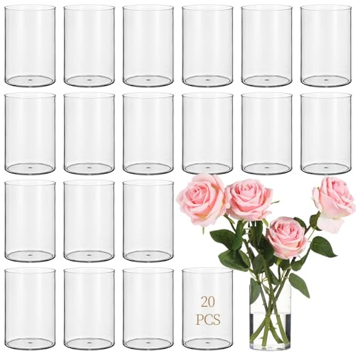 20-Piece Set of Clear Plastic Cylinder Vases, 2.8 x 4 in Small Vase for Floral Arrangements, Reusable Transparent Vases for Wedding & Party Centerpieces