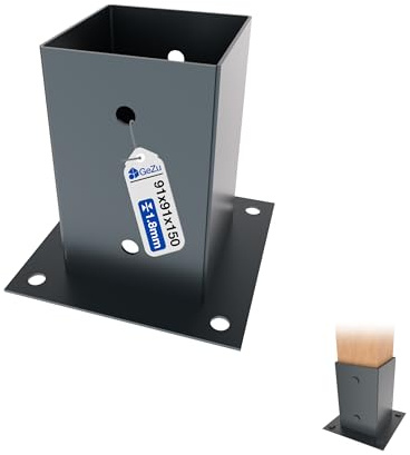 GeZu Impex Post Base 91 x 91 mm Anthracite Powder Coated Fence Support Brackets Deck Holder pergola Pavilion Base Bolt Down Shoe