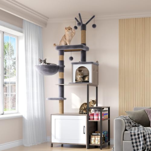 HavenlyYouth Albero per gatti con ciotole per cibo e lettiera, torre per gatti a più livelli con pali in sisal per giocare, amaca in peluche grigia per accogliere