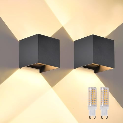 wisdom line Aplique Pared LED Exterior Interior IP65, 3000K Luz Cálida, G9 Reemplazable, Moderno, de Aluminio, Ángulo Ajustable 120°-2 Piezas Negro