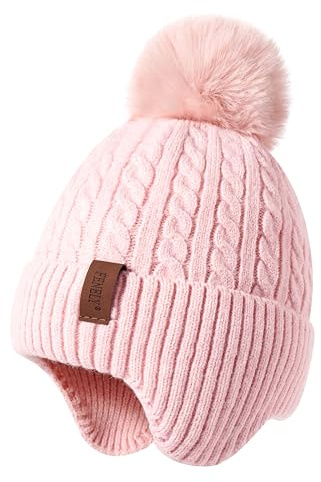 FENELY Girls Boys Winter Hat for 3-12 Years, Children's Warm Knitted Earflaps Beanie with Pom Pom Thicken Fleece Lining Cap for Kids Pink