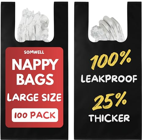 Somwell - Lot de 100 sacs à couches pour adultes – 20 % plus épais, poignées faciles à nouer, sacs en plastique discrets, sans odeur, étanches, élimination sanitaire solide, (45,7 x 33 x 20,3 cm)
