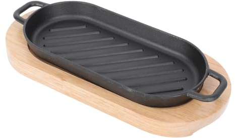 TOYANDONA Plaque Teppanyaki Fonte avec Support Bois Poêle à Steak et Grill Poisson Antiadhésive Résistante et Facile à Nettoyer pour Induction et Barbecue