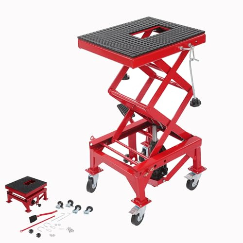 ROGONPDK Ponte sollevatore idraulico per moto, 200 kg/441 lbs, con 4 ruote, sollevatore a forbici, sollevatore di manovra, rosso, per garage e officine