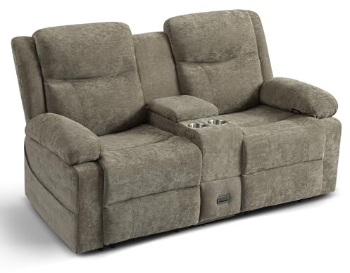 Consofa Fernsehsessel mit Liegefunktion, Relaxsessel 2 Sitzer Sofa TV Sessel mit Konsole, Steckdose und Schublade, Zweisitzer Sofa mit Chenille-Optik für Wohnzimmer (Kamel, 175 cm Zweisitzer)