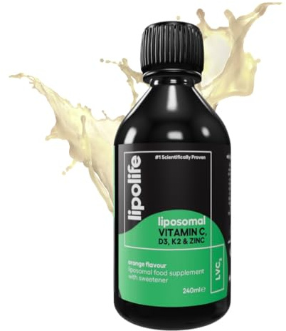Liposomal Vitamin C, D3, K2 Plus Zinc. Liquid Immune Support with high Absorption. Orange Flavour, Vegan. Made in the UK. lipolife liposomal Supplements, #1 scientifically Proven.