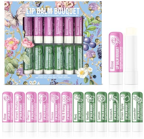 Beauty4Britain Set di 12 Balsami Labbra di Lusso Bouquet 12 Profumazioni Diverse Unisex Protegge & Ripara Idrata Arricchito con Cera d'Api, Olio di Cocco, Burro di Karité, Vitamina E & Aloe Vera