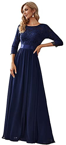 Ever-Pretty Vestito Donna Elegante Cerimonia 3/4 Manich Stile Impero Maxi Linea ad A Pizzo Chiffon Abiti da Damigella Blu Navy 36