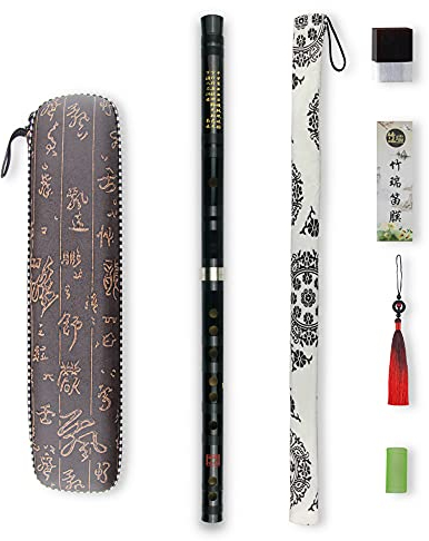 D Key Dizi Black Bitter Bamboo Flöte Chen Qing Flöte mit gratis Membran & Kleber & Protektor Set Traditionelles Chinesisches Instrument (Tonart D Bitter Bambus Schwarz + Rot)
