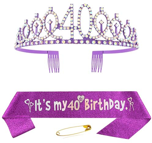40. Geburtstag Schärpe Krone für Frauen Damen Lila Kristall Queen Tiara Princess Crown 40th Birthday Schärpe 40. Geburtstagskrone Birthday Party Accessoires Geburtstagsdeko 40th Geburtstagsgeschenk