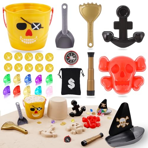 Strand-Sandspielzeug Set for Kinder 29 Stück, Sandkasten Spielzeug Strandspielzeug Piraten-Serie Mit Sandeimer, Edelsteine, Teleskop, Kompass, Sandformen, Schatzbeutel Gartenspielzeug Für Kinder 3-10