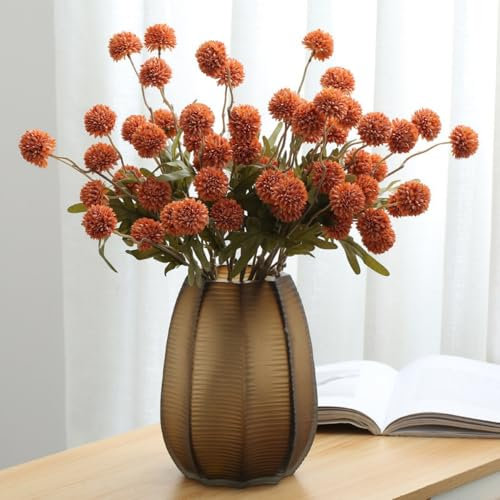 Xshelley 6pcs Pompon Mum Artificial Flower,Faux Silk Mini Chrysanth with Stems,for DIY Bouquet Centerpieces Office Wedding Decoration (Burnt Orange)