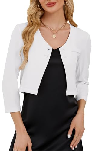 KOJOOIN Blazer pour femme Cropped à manches 3/4 Boléro pour femme Élégant Cardigan court Décontracté Shrug Top (emballage multiple), Blanc., L
