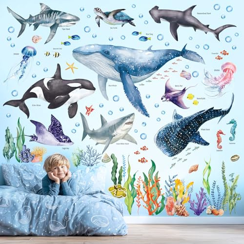 DECOWALL SG3-2430 stora havsdjur väggklistermärken barn under havet dekoration babyrum avtagbar delfin haj sköldpadda djur