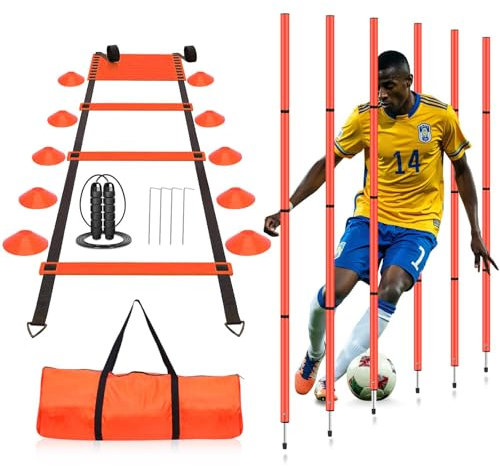 YGORTECH Soccer Agility Training Equipment, Includes 20ft Agility Ladder, 6 Adjustable Agility Poles, 10 Disc Cones, Jump Rope-Speed Training Set for Soccer Football Basketball Athletes Orange